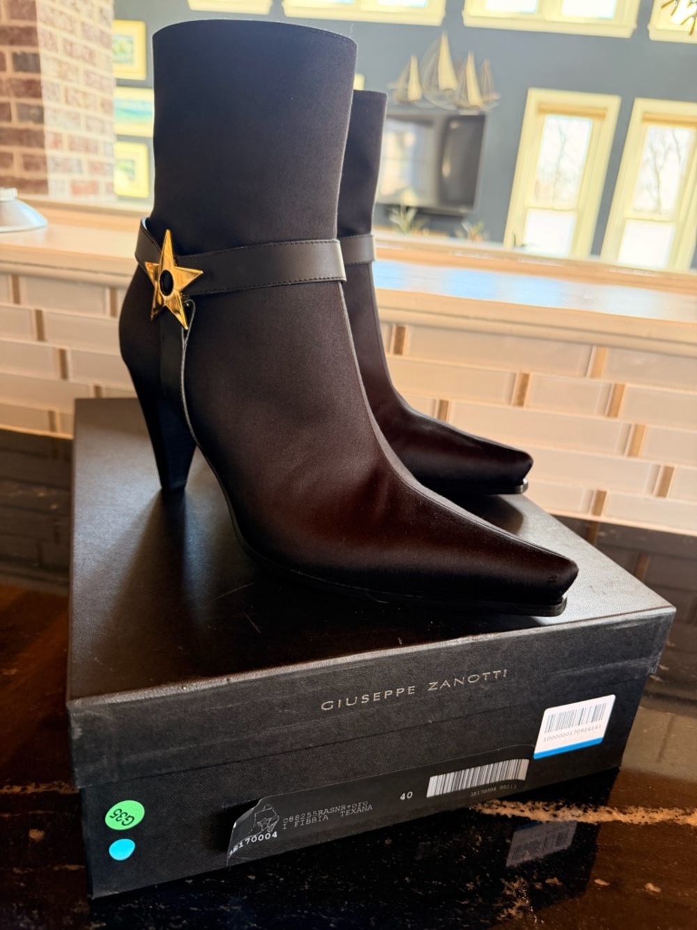 NEW Giuseppe Zanotti Black Satin Pointed Ankle Boots with Gold Star Accent